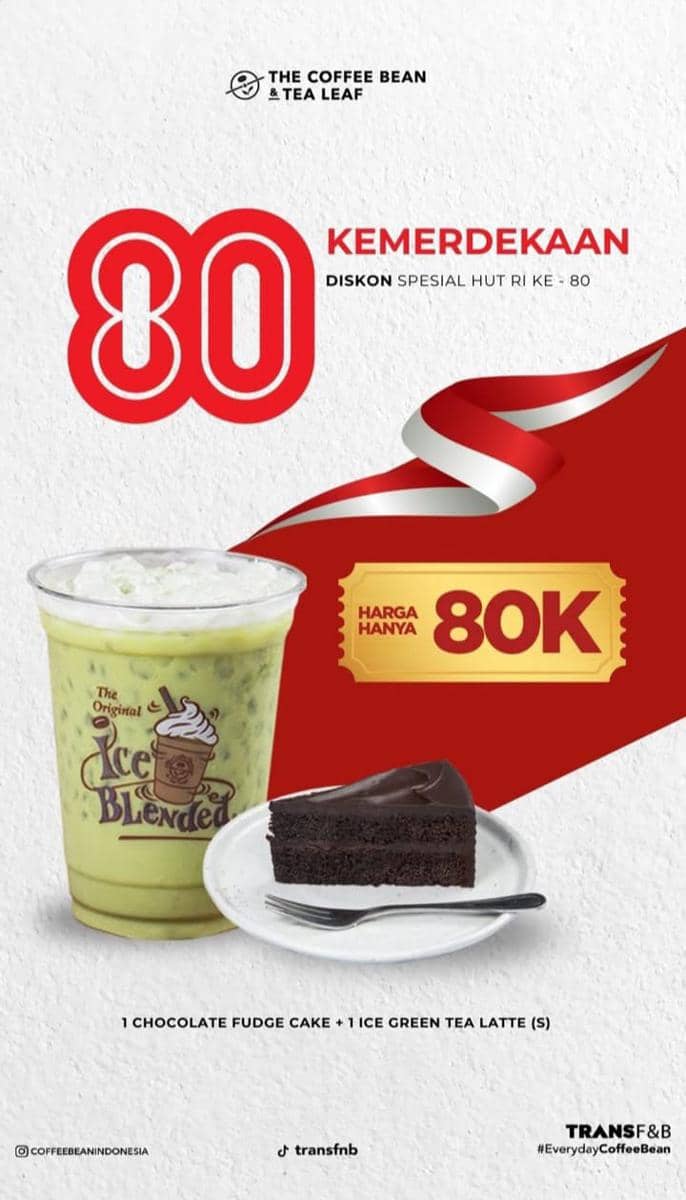 Promo edisi kemerdekaan dari The Coffee Bean Indonesia. (instagram.com/coffeebeanindonesia), 1. Bakmi GM, 2. Baskin Robbins, 3. Baso Malang Karapitan, 4. Boost Juice, 5. Chatime, 6. Dapur Solo Resto and Lunch Box, 7. Gokana Ramen & Teppan, 8. Ichiban Sushi, 9. Pizza Hut, 10. Platinum Resto & Cafe, 11. Raa Cha Suki & BBQ, 12. Roti'O, 13. Street Boba, 14. The Coffee Bean, 15. Tous Les Jours, 16. Wendy's, 17. Wingstop