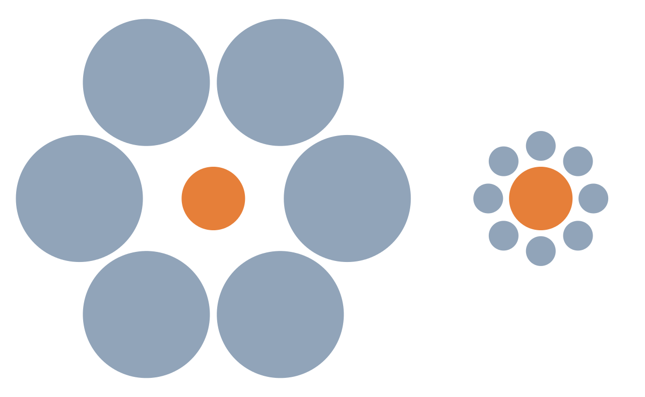 Which of these orange circles is the largest? Neither one! It doesn’t stop turning!, Is the ball rolling, or is the floor moving?, These waves make me feel sick!, Do you see the pulsing black circles?, Look just outside the image., Can you focus on a gray dot?, Is this an image of vases, or two people in conversation?, Look at the image upside down—you’ll see!, Our brains just don’t like this one., Is this black shape growing larger?, Is this image 2 D or 3 D?, These lines never meet!, These stairs—how do they work?, Do you feel like you’re being watched?, Who is on the bottom? Who is on the top?, You think this is a normal fork? Look again!, Which of these orange circles is the largest? Neither one!, Yes—these circles are perfectly round!, Be careful not to fall in! Oh—this is a painting?