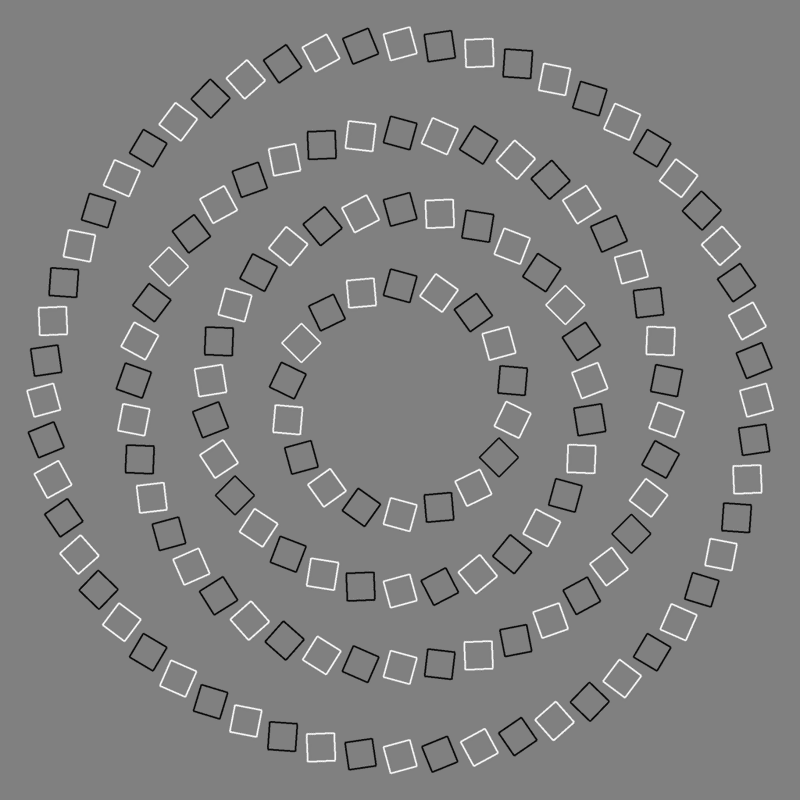Yes—these circles are perfectly round! It doesn’t stop turning!, Is the ball rolling, or is the floor moving?, These waves make me feel sick!, Do you see the pulsing black circles?, Look just outside the image., Can you focus on a gray dot?, Is this an image of vases, or two people in conversation?, Look at the image upside down—you’ll see!, Our brains just don’t like this one., Is this black shape growing larger?, Is this image 2 D or 3 D?, These lines never meet!, These stairs—how do they work?, Do you feel like you’re being watched?, Who is on the bottom? Who is on the top?, You think this is a normal fork? Look again!, Which of these orange circles is the largest? Neither one!, Yes—these circles are perfectly round!, Be careful not to fall in! Oh—this is a painting?