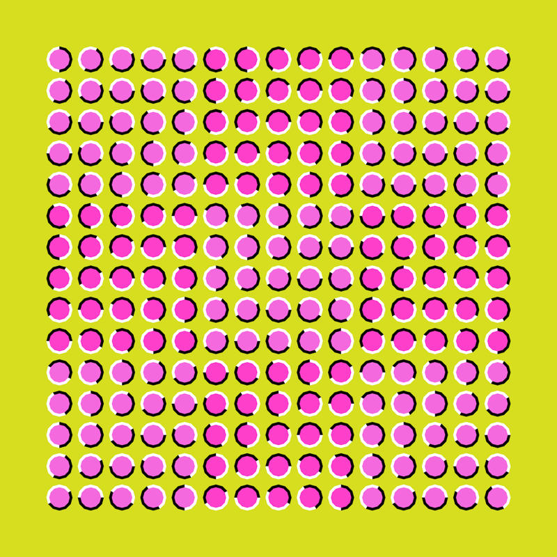 These waves make me feel sick! It doesn’t stop turning!, Is the ball rolling, or is the floor moving?, These waves make me feel sick!, Do you see the pulsing black circles?, Look just outside the image., Can you focus on a gray dot?, Is this an image of vases, or two people in conversation?, Look at the image upside down—you’ll see!, Our brains just don’t like this one., Is this black shape growing larger?, Is this image 2 D or 3 D?, These lines never meet!, These stairs—how do they work?, Do you feel like you’re being watched?, Who is on the bottom? Who is on the top?, You think this is a normal fork? Look again!, Which of these orange circles is the largest? Neither one!, Yes—these circles are perfectly round!, Be careful not to fall in! Oh—this is a painting?