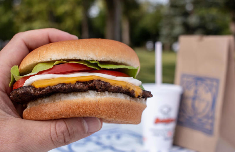 Ohio: Hamburger, Kewpee Hamburgers, Lima 54. Tennessee: Dyer's Single, Dyer's Burgers, Memphis, 53. Alabama: hamburger, Dub's Burgers, Athens, 52. Connecticut: The Original Burger, Louis' Lunch, New Haven, 51. California: Steakburger, The Apple Pan, Los Angeles, 50. Iowa: hamburger, B-Bops, various locations, 49. Maine: hamburger, Black Cow, Portland, 48. New Jersey: hamburger, White Manna, Hackensack, 47. New Hampshire: hamburger, Gilley’s Diner, Portsmouth, 46. Massachusetts: Hamburg, White Hut, West Springfield, 45. California: hamburger, In-N-Out Burger, various locations, 44. District of Columbia: Farmhouse Burger, Good Stuff Eatery, Georgetown, 43. Mississippi: Slugburger, Latham's Hamburger Inn, New Albany, 42. Utah: Big Ben, Burger Bar, Roy, 41. Wisconsin: hamburger, Sobelman's Pub & Grill, Milwaukee, 40. Wyoming: The Liberty Burger, Liberty Burger, Jackson, 39. Illinois: House-blend prime beef burger, Butcher & The Burger, Chicago, 38. Arizona: The Standard at The Stand Arcadia Burger Shoppe, Phoenix, 37. Colorado: Cricket Burger, The Cherry Cricket, Denver, 36. New York: Luger burger, Peter Luger Steakhouse, New York City, 35. Delaware: FTC, Farmer & the Cow, Wilmington, 34. Minnesota: Jucy Lucy, Matt’s Bar, Minneapolis, 33. Pennsylvania: hamburger, M2O Burgers & Salads, Philadelphia, 32. South Carolina: Classic, Big Gun Burger Shop, Charleston, 31. Idaho: The Classic, Holy Cow!, Nampa, 30. Kansas: House Burger, Dempsey's Burger Pub, Wichita, 29. Missouri: hamburger, Town Topic, Kansas City, 28. Nebraska: The Original, Cheeseburgers, Omaha, 27. New Mexico: Rustic, Rustic On The Green, Albuquerque, 26. Indiana: Smash burger, Workingman’s Friend, Indianapolis, 25. Vermont: Worthy Burger, Worthy Burger, South Royalton and Woodstock, 24. Arkansas: traditional hamburger, Hugo's, Fayetteville, 23. Texas: Tookie's Burger, Tookie's Hamburgers & More, Kemah, 22. Nevada: Plain Jane, Beefy's, Reno, 21. Georgia: Green Truck Classic, Green Truck Pub, Savannah, 20. New York: hamburger, All-American Hamburger Drive-In, Massapequa, 19. North Dakota: Carport, Sickies Garage Burgers & Brews, various locations, 18. Michigan: sliders, Motz’s Burgers, Detroit, 17. Michigan: Ground Round, Miller’s Bar, Dearborn, 16. Florida: hamburger, Mac's Drive-Thru, Gainesville, 15. West Virginia: Oscar, Oscar’s Breakfast, Burgers & Brews, Barboursville, 14. North Carolina: hamburger, Brooks’ Sandwich House, Charlotte, 13. Kentucky: The Purist, Bard's Burgers & Chili, Covington, 12. Maryland: Hamburger, Burger Bros., Towson, 11. Oklahoma: single onion burger, Tucker's Onion Burgers, various locations, 10. Rhode Island: Stanley Burger, Stanley’s Famous Hamburgers, Central Falls, 9. Virginia: Beauvine, Beauvine Burger Concept, Richmond, 8. Oregon: The Original 100, Hwy 101 Burger, Lincoln City, 7. Ohio: hamburger, Kewpee Hamburgers, Lima, 6. Hawaii: hamburger, Kua Aina Sandwich Shop, Haleiwa, 5. Alaska: The Burger Stop, Tommy's Burger Stop, Anchorage, 4. Montana: Hamburger, The Burger Drive, Billings, 3. Washington: Seattle Classic, Von's 1000 Spirits, Seattle, 2. Louisiana: Butcher Burger, Cochon Butcher, New Orleans