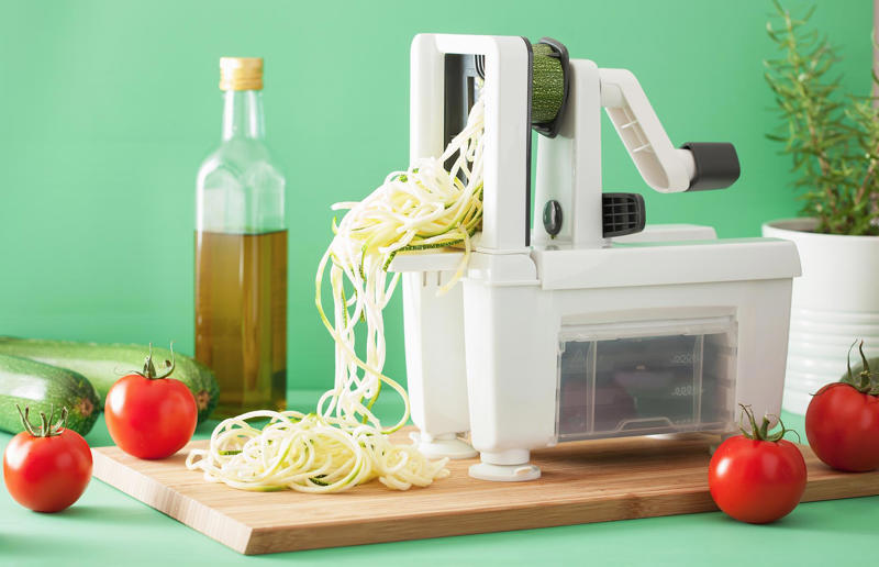 Spiralizer 29. Microwave egg poacher, 28. Garlic crusher, 27. Electric juicer, 26. Meat-shredding claws, 25. Electric egg boiler, 24. Salad spinner, 23. Yolk separator, 22. Burger press, 21. Hot dog maker, 20. Electric can opener, 19. Avocado keepers, 18. Yogurt maker, 17. Herb keeper, 16. Mandoline slicer, 15. Breakfast sandwich maker, 14. Whipped cream dispenser, 13. Herb scissors, 12. Spiralizer, 11. Strawberry huller, 10. Fancy cocktail set, 9. Electric kitchen knife, 8. Bacon press, 7. Popcorn maker, 6. Electric salt and pepper grinders, 5. Cupcake/muffin maker, 4. Carrot sharpener, 3. Melon baller, 2. Pizza scissors