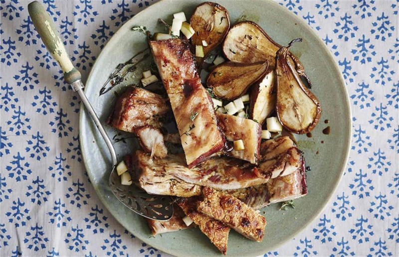 Roasted pork belly with pears and thyme Feel-good food everyone will adore, French toast-style bacon crumpets, Mozzarella and tomato bread, Chicken soup and dumplings, Roasted pork belly with pears and thyme, Mushroom and lentil pie, Smoked sausage pasta, Slow-cooked chicken with a crisp corn crust, Saffron chicken korma, Spiced pumpkin, olive oil and orange cake, Easy chocolate torte, Sticky cinnamon buns, Hot chocolate cake
