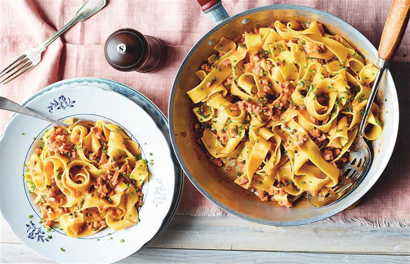 Smoked sausage pasta Feel-good food everyone will adore, French toast-style bacon crumpets, Mozzarella and tomato bread, Chicken soup and dumplings, Roasted pork belly with pears and thyme, Mushroom and lentil pie, Smoked sausage pasta, Slow-cooked chicken with a crisp corn crust, Saffron chicken korma, Spiced pumpkin, olive oil and orange cake, Easy chocolate torte, Sticky cinnamon buns, Hot chocolate cake