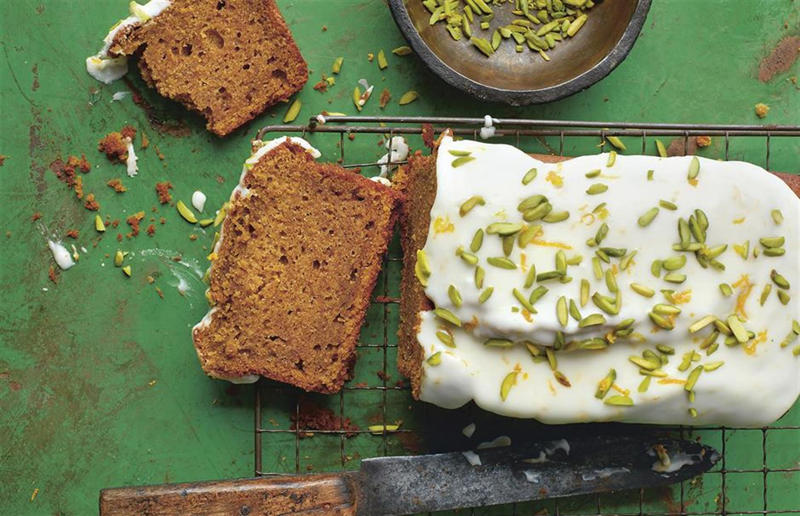 Spiced pumpkin, olive oil and orange cake Feel-good food everyone will adore, French toast-style bacon crumpets, Mozzarella and tomato bread, Chicken soup and dumplings, Roasted pork belly with pears and thyme, Mushroom and lentil pie, Smoked sausage pasta, Slow-cooked chicken with a crisp corn crust, Saffron chicken korma, Spiced pumpkin, olive oil and orange cake, Easy chocolate torte, Sticky cinnamon buns, Hot chocolate cake