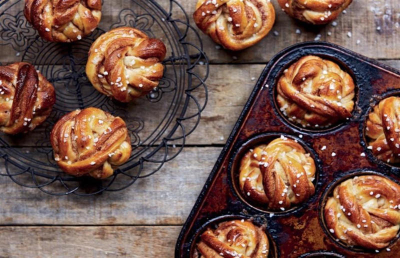 Sticky cinnamon buns Feel-good food everyone will adore, French toast-style bacon crumpets, Mozzarella and tomato bread, Chicken soup and dumplings, Roasted pork belly with pears and thyme, Mushroom and lentil pie, Smoked sausage pasta, Slow-cooked chicken with a crisp corn crust, Saffron chicken korma, Spiced pumpkin, olive oil and orange cake, Easy chocolate torte, Sticky cinnamon buns, Hot chocolate cake
