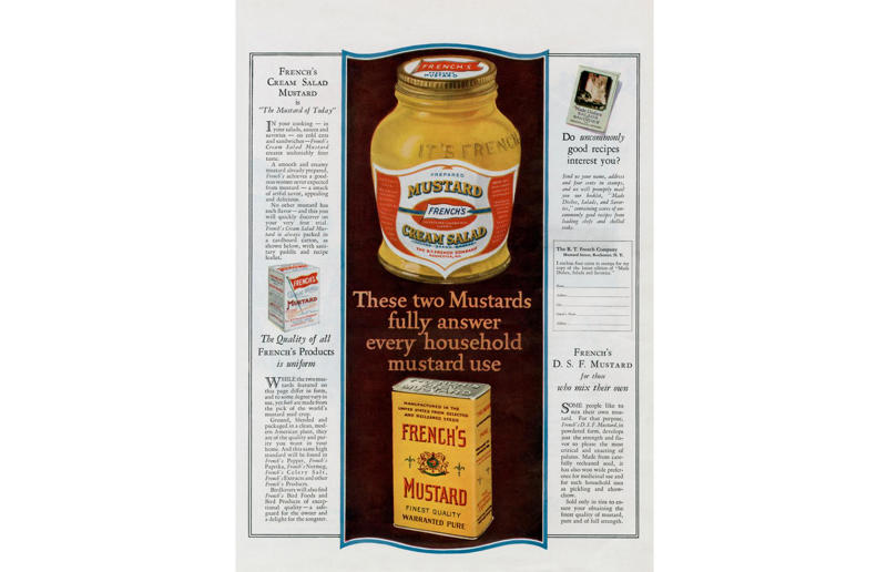 French’s Mustard 23. Vegemite, 22. Haribo, 21. French’s Mustard, 20. Kraft, 19. Lurpak, 18. Hershey's, 17. Carnation, 16. Kellogg’s, 15. Oscar Mayer, 14. Lyle’s Golden Syrup, 13. Barilla, 12. Quaker Oats, 11. Campbell's, 10. Pillsbury, 9. Heinz, 8. Dr. Oetker, 7. Maggi, 6. Tabasco, 5. Lindt, 4. Knorr, 3. Lea & Perrins, 2. Cadbury, 1. Maille
