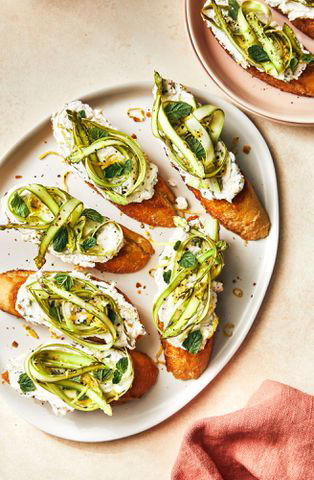 Whipped Goat Cheese With Smoky Bacon Jam, Spicy Strawberry-Goat Cheese Crostini, Three-Cheese Spinach-Artichoke Dip, Asparagus Ribbon Crostini, Spicy Cheese Straws, Jalapeno Popper Dip, Tiny Tacos, Fire Crackers, Pimiento Cheese Flatbread, Ritz Cracker Party Sandwiches