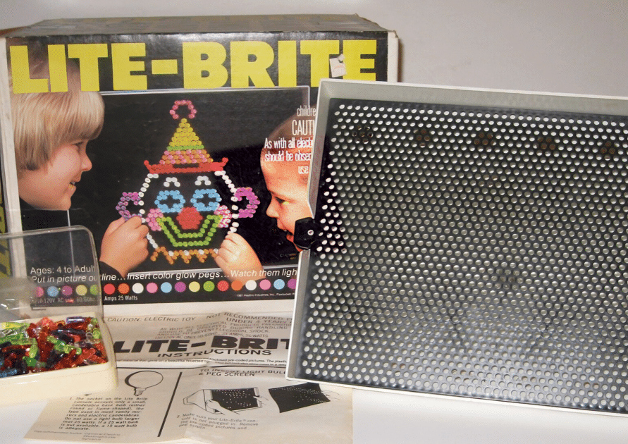 #16: Lite-Brite #1: Cabbage Patch Snacktime Kids, #3: Slip ‘N Slide, #4: Clackers, #6: Moon Shoes, #7: Garbage Pail Kids, #9: Skip-It, #10: My Little Pony – Long Haired, #12: Aquanet Hairspray, #13: Bubble Lights, #15: Jelly Shoes, #16: Lite-Brite, #18: Lawn Pool Slides, #19: Pogo Balls, #21: Big Wheels, #22: Slap Bracelets, #24: Hang 10 Mini Hammocks, #25: Jarts, #27: Battlestar Galactica Colonial Viper, #28: Water Wiggle, #30: Rambo Toy Machine Gun, #31: Smoking Monkey Toy, #33: Sky Dancers