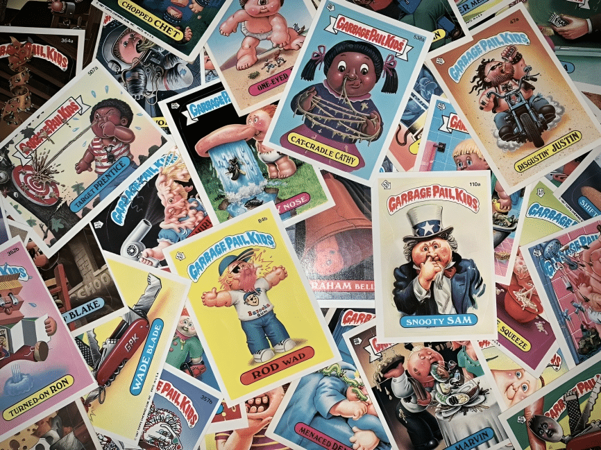 #7: Garbage Pail Kids #1: Cabbage Patch Snacktime Kids, #3: Slip ‘N Slide, #4: Clackers, #6: Moon Shoes, #7: Garbage Pail Kids, #9: Skip-It, #10: My Little Pony – Long Haired, #12: Aquanet Hairspray, #13: Bubble Lights, #15: Jelly Shoes, #16: Lite-Brite, #18: Lawn Pool Slides, #19: Pogo Balls, #21: Big Wheels, #22: Slap Bracelets, #24: Hang 10 Mini Hammocks, #25: Jarts, #27: Battlestar Galactica Colonial Viper, #28: Water Wiggle, #30: Rambo Toy Machine Gun, #31: Smoking Monkey Toy, #33: Sky Dancers