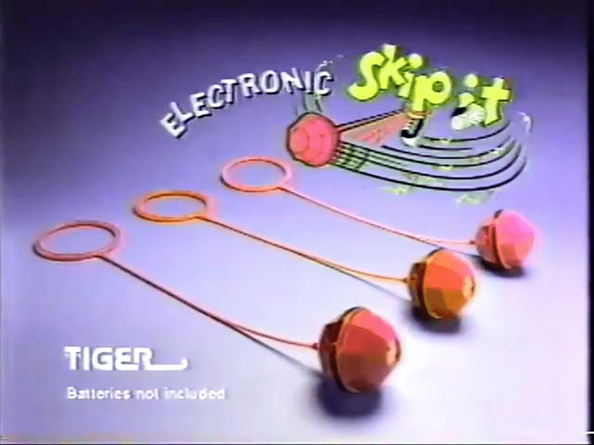 #9: Skip-It #1: Cabbage Patch Snacktime Kids, #3: Slip ‘N Slide, #4: Clackers, #6: Moon Shoes, #7: Garbage Pail Kids, #9: Skip-It, #10: My Little Pony – Long Haired, #12: Aquanet Hairspray, #13: Bubble Lights, #15: Jelly Shoes, #16: Lite-Brite, #18: Lawn Pool Slides, #19: Pogo Balls, #21: Big Wheels, #22: Slap Bracelets, #24: Hang 10 Mini Hammocks, #25: Jarts, #27: Battlestar Galactica Colonial Viper, #28: Water Wiggle, #30: Rambo Toy Machine Gun, #31: Smoking Monkey Toy, #33: Sky Dancers