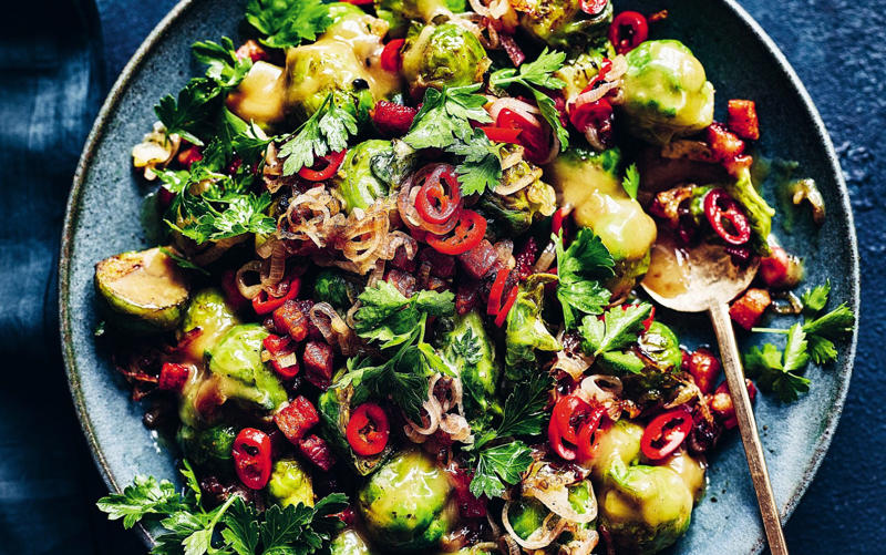 1. Orecchiette with Brussels sprouts, brown butter and walnuts, 2. Butterscotch Brussels sprouts, 3. Grilled sprouts with walnut ketchup, 4. Sprouts with wind-dried bacon and chestnuts, 5. Sprouts with crispy kale, hot honey and pecans, 6. Sprout tacos, 7. Brussels sprouts and onion tarte Tatin, 8. Chargrilled Brussels sprouts with cashew mole, 9. Roasted sprouts with ssamjang butter, 10. Salad of blue cheese, sprouts and artichokes, 11. Christmas panzanella with panettone croutons