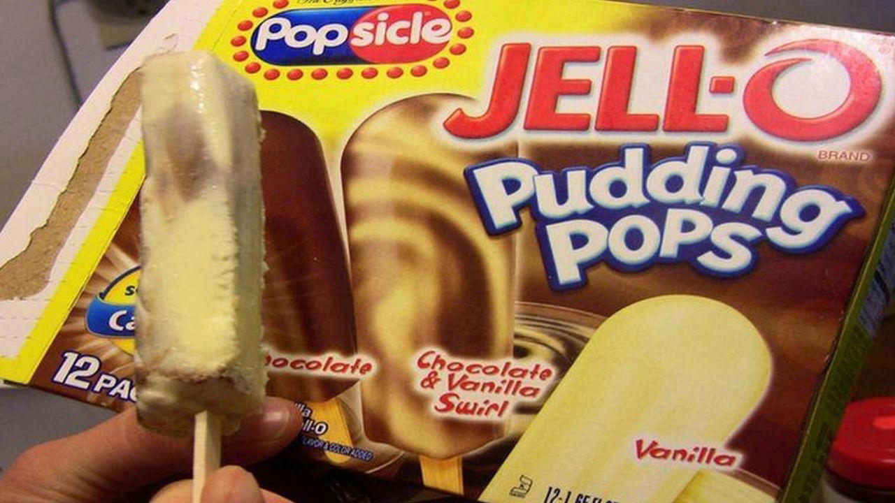 Jell-O Pudding Pops Reggie! Bar, Hi-C Ecto Cooler, Koogle Flavored Peanut Butter, Smurf Berry Crunch Cereal, Pepsi Free, Raspberry Oatmeal Swirl Bars, Triple Power Push Pops, Nibblets Corn Cakes, Bar None Chocolate Bar, Screaming Yellow Zonkers, Oreo Big Stuf, Giggles Cookies, Carnation Breakfast Bars, Jell-O Pudding Pops