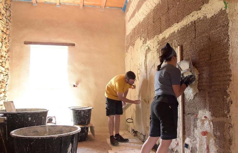 Plastering problems Meet the architects who transformed a 100-year-old ruin into a sustainable home, A meeting of minds, Shopping for a home, Rescuing a ruin, Crumbling but charming, Getting started, Seven garden terraces, Moving inside, Dismantling the roof, Remains of a ruin, Structural issues, Rebuilding the roof, Salvaging materials, Sealing the roof, Old meets new, Eco materials, Starting on the floors, Creating rooms, Insulation, insulation, insulation, Custom windows, Getting airtight, Plastering problems, Dressing the stone, Let there be light!, Laying the floors, Creating a cosy living room, A welcoming living space, Perfect for entertaining, DIY kitchen, An eco-conscious cooking spot, Polished bathroom walls, Ready for a spa session, A reclaimed patio, Breathtaking backyard views, Olives and lavender