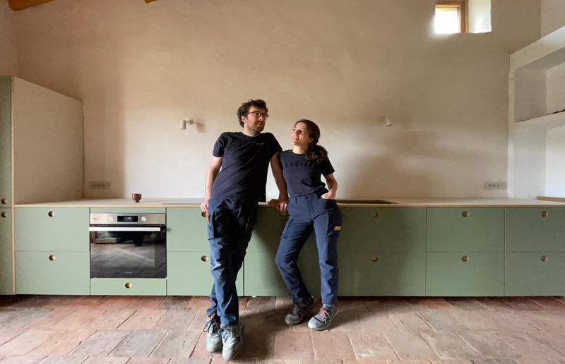 DIY kitchen Meet the architects who transformed a 100-year-old ruin into a sustainable home, A meeting of minds, Shopping for a home, Rescuing a ruin, Crumbling but charming, Getting started, Seven garden terraces, Moving inside, Dismantling the roof, Remains of a ruin, Structural issues, Rebuilding the roof, Salvaging materials, Sealing the roof, Old meets new, Eco materials, Starting on the floors, Creating rooms, Insulation, insulation, insulation, Custom windows, Getting airtight, Plastering problems, Dressing the stone, Let there be light!, Laying the floors, Creating a cosy living room, A welcoming living space, Perfect for entertaining, DIY kitchen, An eco-conscious cooking spot, Polished bathroom walls, Ready for a spa session, A reclaimed patio, Breathtaking backyard views, Olives and lavender