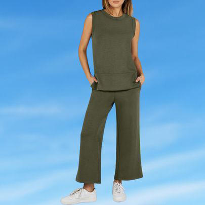Lillusory two-piece lounge outfit, A cozy, slouchy knit set with a V-neck, A chic tank top outfit with pockets, A long T-shirt dress, A pair of tapered ankle pants, A two-piece sweatsuit with a half-zip pullover, A cheeky two-piece printed shorts set, A cuddly pashmina-style wrap, A pair of lightweight joggers, A Skims-lookalike fuzzy three-piece set, A classic crewneck cardigan, A kimono-style blouse-y top, A stylish two-piece sweater and wide-leg sweatpants set, Related...