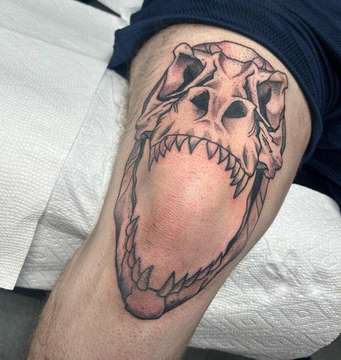 #45 We Named Him Chomper From The Land Before Time. Thanks For The Time And Trust On This T-Rex Skull Around The Knee #1 Very Colorful Dinosaur, #2 White Stegosaurus Fossil, #4 A Blind Cat Walking His Guiding Velociraptor, #6 Dinosaur Bubble Bath, #7 Dinosaur Sleeve, #8 Gorgeous Work, #9 My Favorite, #10 Ok Google, #11 Furry Little Dinosaur, #12 Super Cute Dino, #13 Siblings' Tattoos, #14 Does Everyone Like Geometric Art? T-Rex Skull, #16 Tattoo Museum, #18 Jungle Dinosaur, #19 Origami T-Rex, #20 My Cartoon Dinosaurs' Tattoo, #21 Dino With Underwater Scene, #22 I Bet This Tea Comes With A Very Special Flavor, #23 Hand-Poked Dinosaur, #24 Yehaaaw, #25 Punk Raptor, #26 Dinos Love Donuts, #27 First Tattoo, #28 Basquiat Dino, #29 We All Live In A Submarine, #30 Raptor. Really Amazing Work, #31 T-Rex Skeleton, #32 Aliens vs. Dinosaurs, #33 T-Rex, #35 Dinosaur Tattoo For Gamers, #37 Uncle Brachiosaurus With His Nephew, #38 Velociraptor, #39 This T-Rex Done By Me, #40 This Guy Is My Neighbor, #41 Dinosaur Sleeve, #42 Walking A T-Rex, #43 Color Realism Velociraptor. Work In Progress, #44 Dinosaur And A Warrior, #46 Just A Man And His Dino