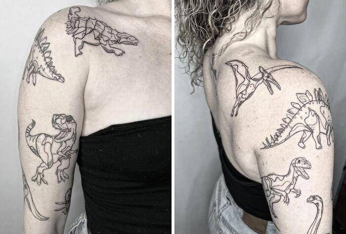 #41 Dinosaur Sleeve #1 Very Colorful Dinosaur, #2 White Stegosaurus Fossil, #4 A Blind Cat Walking His Guiding Velociraptor, #6 Dinosaur Bubble Bath, #7 Dinosaur Sleeve, #8 Gorgeous Work, #9 My Favorite, #10 Ok Google, #11 Furry Little Dinosaur, #12 Super Cute Dino, #13 Siblings' Tattoos, #14 Does Everyone Like Geometric Art? T-Rex Skull, #16 Tattoo Museum, #18 Jungle Dinosaur, #19 Origami T-Rex, #20 My Cartoon Dinosaurs' Tattoo, #21 Dino With Underwater Scene, #22 I Bet This Tea Comes With A Very Special Flavor, #23 Hand-Poked Dinosaur, #24 Yehaaaw, #25 Punk Raptor, #26 Dinos Love Donuts, #27 First Tattoo, #28 Basquiat Dino, #29 We All Live In A Submarine, #30 Raptor. Really Amazing Work, #31 T-Rex Skeleton, #32 Aliens vs. Dinosaurs, #33 T-Rex, #35 Dinosaur Tattoo For Gamers, #37 Uncle Brachiosaurus With His Nephew, #38 Velociraptor, #39 This T-Rex Done By Me, #40 This Guy Is My Neighbor, #41 Dinosaur Sleeve, #42 Walking A T-Rex, #43 Color Realism Velociraptor. Work In Progress, #44 Dinosaur And A Warrior, #46 Just A Man And His Dino