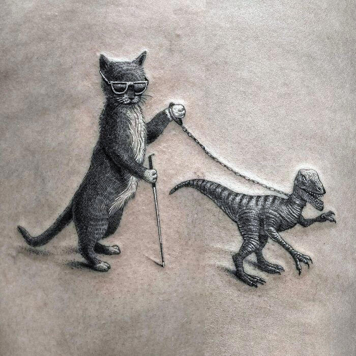 #4 A Blind Cat Walking His Guiding Velociraptor #1 Very Colorful Dinosaur, #2 White Stegosaurus Fossil, #4 A Blind Cat Walking His Guiding Velociraptor, #6 Dinosaur Bubble Bath, #7 Dinosaur Sleeve, #8 Gorgeous Work, #9 My Favorite, #10 Ok Google, #11 Furry Little Dinosaur, #12 Super Cute Dino, #13 Siblings' Tattoos, #14 Does Everyone Like Geometric Art? T-Rex Skull, #16 Tattoo Museum, #18 Jungle Dinosaur, #19 Origami T-Rex, #20 My Cartoon Dinosaurs' Tattoo, #21 Dino With Underwater Scene, #22 I Bet This Tea Comes With A Very Special Flavor, #23 Hand-Poked Dinosaur, #24 Yehaaaw, #25 Punk Raptor, #26 Dinos Love Donuts, #27 First Tattoo, #28 Basquiat Dino, #29 We All Live In A Submarine, #30 Raptor. Really Amazing Work, #31 T-Rex Skeleton, #32 Aliens vs. Dinosaurs, #33 T-Rex, #35 Dinosaur Tattoo For Gamers, #37 Uncle Brachiosaurus With His Nephew, #38 Velociraptor, #39 This T-Rex Done By Me, #40 This Guy Is My Neighbor, #41 Dinosaur Sleeve, #42 Walking A T-Rex, #43 Color Realism Velociraptor. Work In Progress, #44 Dinosaur And A Warrior, #46 Just A Man And His Dino