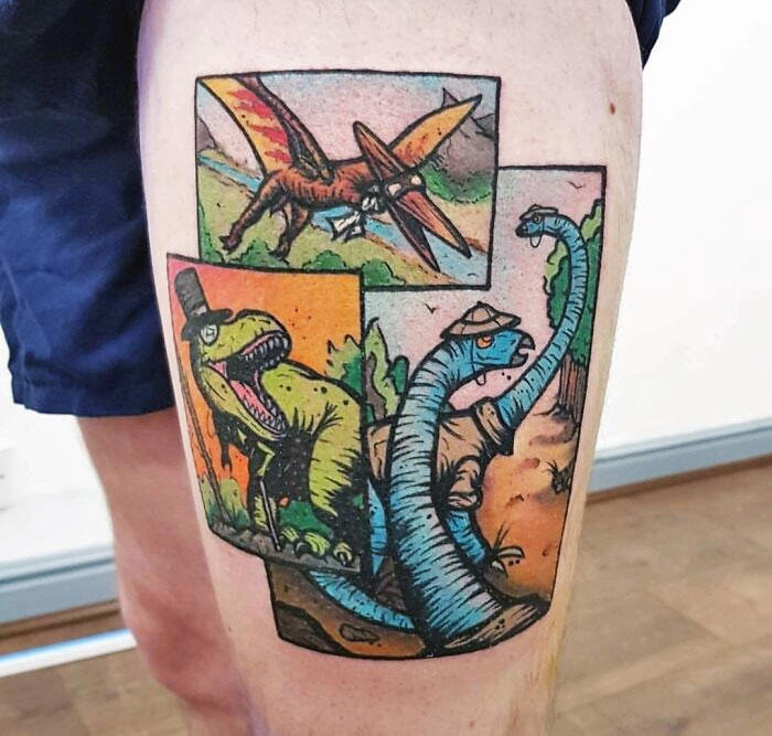 #20 My Cartoon Dinosaurs' Tattoo #1 Very Colorful Dinosaur, #2 White Stegosaurus Fossil, #4 A Blind Cat Walking His Guiding Velociraptor, #6 Dinosaur Bubble Bath, #7 Dinosaur Sleeve, #8 Gorgeous Work, #9 My Favorite, #10 Ok Google, #11 Furry Little Dinosaur, #12 Super Cute Dino, #13 Siblings' Tattoos, #14 Does Everyone Like Geometric Art? T-Rex Skull, #16 Tattoo Museum, #18 Jungle Dinosaur, #19 Origami T-Rex, #20 My Cartoon Dinosaurs' Tattoo, #21 Dino With Underwater Scene, #22 I Bet This Tea Comes With A Very Special Flavor, #23 Hand-Poked Dinosaur, #24 Yehaaaw, #25 Punk Raptor, #26 Dinos Love Donuts, #27 First Tattoo, #28 Basquiat Dino, #29 We All Live In A Submarine, #30 Raptor. Really Amazing Work, #31 T-Rex Skeleton, #32 Aliens vs. Dinosaurs, #33 T-Rex, #35 Dinosaur Tattoo For Gamers, #37 Uncle Brachiosaurus With His Nephew, #38 Velociraptor, #39 This T-Rex Done By Me, #40 This Guy Is My Neighbor, #41 Dinosaur Sleeve, #42 Walking A T-Rex, #43 Color Realism Velociraptor. Work In Progress, #44 Dinosaur And A Warrior, #46 Just A Man And His Dino
