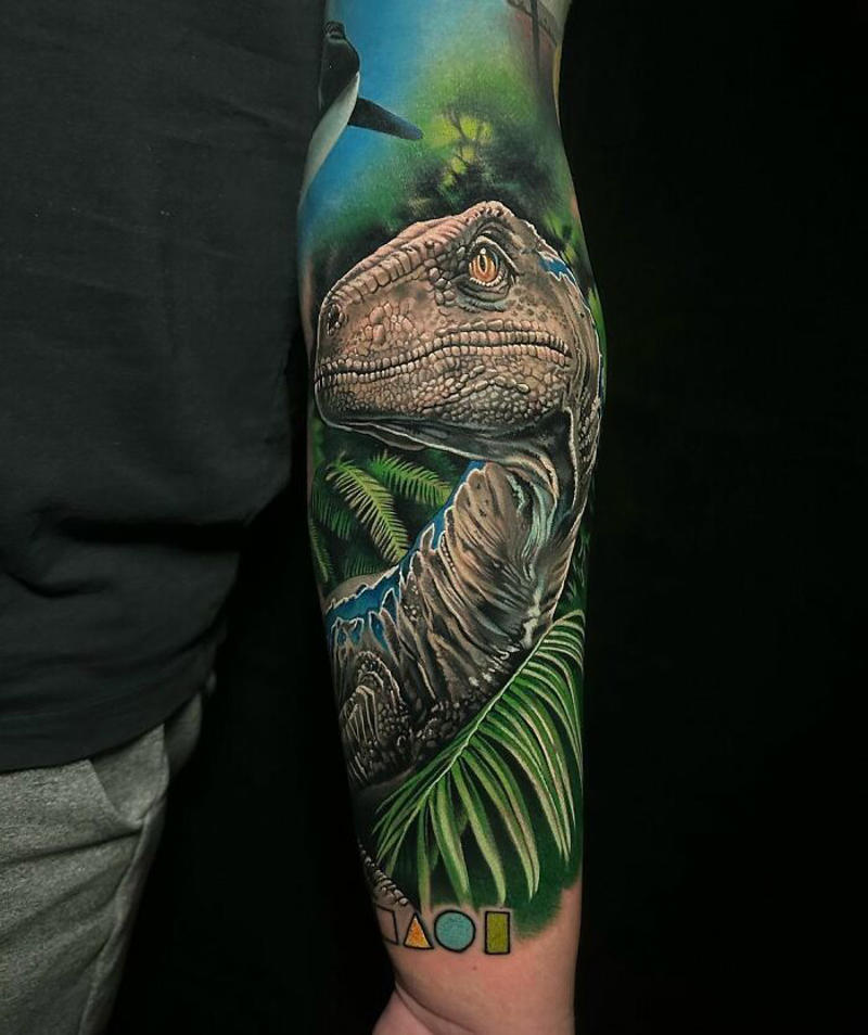 #5 I’m Doing A Sleeve On My Client, Each Piece Represents An Animal Chosen By His Wife And Kids. His Son Picked The Raptor Blue #1 Very Colorful Dinosaur, #2 White Stegosaurus Fossil, #4 A Blind Cat Walking His Guiding Velociraptor, #6 Dinosaur Bubble Bath, #7 Dinosaur Sleeve, #8 Gorgeous Work, #9 My Favorite, #10 Ok Google, #11 Furry Little Dinosaur, #12 Super Cute Dino, #13 Siblings' Tattoos, #14 Does Everyone Like Geometric Art? T-Rex Skull, #16 Tattoo Museum, #18 Jungle Dinosaur, #19 Origami T-Rex, #20 My Cartoon Dinosaurs' Tattoo, #21 Dino With Underwater Scene, #22 I Bet This Tea Comes With A Very Special Flavor, #23 Hand-Poked Dinosaur, #24 Yehaaaw, #25 Punk Raptor, #26 Dinos Love Donuts, #27 First Tattoo, #28 Basquiat Dino, #29 We All Live In A Submarine, #30 Raptor. Really Amazing Work, #31 T-Rex Skeleton, #32 Aliens vs. Dinosaurs, #33 T-Rex, #35 Dinosaur Tattoo For Gamers, #37 Uncle Brachiosaurus With His Nephew, #38 Velociraptor, #39 This T-Rex Done By Me, #40 This Guy Is My Neighbor, #41 Dinosaur Sleeve, #42 Walking A T-Rex, #43 Color Realism Velociraptor. Work In Progress, #44 Dinosaur And A Warrior, #46 Just A Man And His Dino
