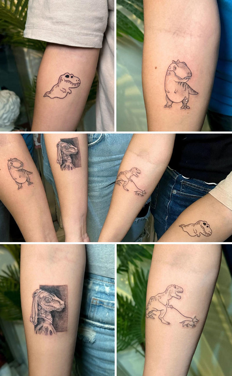 #13 Siblings' Tattoos #1 Very Colorful Dinosaur, #2 White Stegosaurus Fossil, #4 A Blind Cat Walking His Guiding Velociraptor, #6 Dinosaur Bubble Bath, #7 Dinosaur Sleeve, #8 Gorgeous Work, #9 My Favorite, #10 Ok Google, #11 Furry Little Dinosaur, #12 Super Cute Dino, #13 Siblings' Tattoos, #14 Does Everyone Like Geometric Art? T-Rex Skull, #16 Tattoo Museum, #18 Jungle Dinosaur, #19 Origami T-Rex, #20 My Cartoon Dinosaurs' Tattoo, #21 Dino With Underwater Scene, #22 I Bet This Tea Comes With A Very Special Flavor, #23 Hand-Poked Dinosaur, #24 Yehaaaw, #25 Punk Raptor, #26 Dinos Love Donuts, #27 First Tattoo, #28 Basquiat Dino, #29 We All Live In A Submarine, #30 Raptor. Really Amazing Work, #31 T-Rex Skeleton, #32 Aliens vs. Dinosaurs, #33 T-Rex, #35 Dinosaur Tattoo For Gamers, #37 Uncle Brachiosaurus With His Nephew, #38 Velociraptor, #39 This T-Rex Done By Me, #40 This Guy Is My Neighbor, #41 Dinosaur Sleeve, #42 Walking A T-Rex, #43 Color Realism Velociraptor. Work In Progress, #44 Dinosaur And A Warrior, #46 Just A Man And His Dino