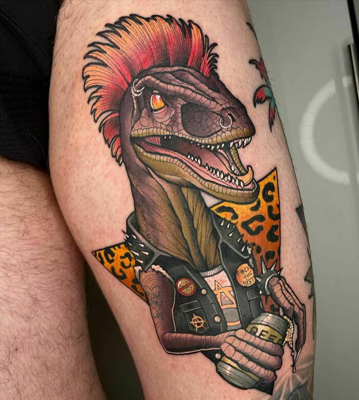 #25 Punk Raptor #1 Very Colorful Dinosaur, #2 White Stegosaurus Fossil, #4 A Blind Cat Walking His Guiding Velociraptor, #6 Dinosaur Bubble Bath, #7 Dinosaur Sleeve, #8 Gorgeous Work, #9 My Favorite, #10 Ok Google, #11 Furry Little Dinosaur, #12 Super Cute Dino, #13 Siblings' Tattoos, #14 Does Everyone Like Geometric Art? T-Rex Skull, #16 Tattoo Museum, #18 Jungle Dinosaur, #19 Origami T-Rex, #20 My Cartoon Dinosaurs' Tattoo, #21 Dino With Underwater Scene, #22 I Bet This Tea Comes With A Very Special Flavor, #23 Hand-Poked Dinosaur, #24 Yehaaaw, #25 Punk Raptor, #26 Dinos Love Donuts, #27 First Tattoo, #28 Basquiat Dino, #29 We All Live In A Submarine, #30 Raptor. Really Amazing Work, #31 T-Rex Skeleton, #32 Aliens vs. Dinosaurs, #33 T-Rex, #35 Dinosaur Tattoo For Gamers, #37 Uncle Brachiosaurus With His Nephew, #38 Velociraptor, #39 This T-Rex Done By Me, #40 This Guy Is My Neighbor, #41 Dinosaur Sleeve, #42 Walking A T-Rex, #43 Color Realism Velociraptor. Work In Progress, #44 Dinosaur And A Warrior, #46 Just A Man And His Dino