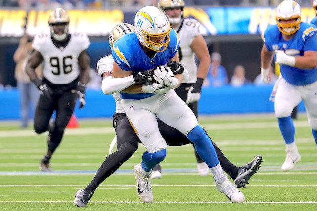 Los Angeles Chargers: Will Dissly 32. Tommy Tremble - Carolina Panthers, 31. Theo Johnson - New York Giants, 30. Brenton Strange - Jacksonville Jaguars, 29. Will Dissly - Los Angeles Chargers, 28. Chig Okonkwo - Tennessee Titans, 27. Mason Taylor - New York Jets, 26. Noah Fant - Seattle Seahawks, 25. Juwan Johnson - New Orleans Saints, 24. Hunter Henry - New England Patriots, 23. Dalton Schultz - Houston Texans, 22. Colston Loveland - Chicago Bears, 21. Cade Otton - Tampa Bay Buccaneers, 20. Tyler Higbee - Los Angeles Rams, 19. Dalton Kincaid - Buffalo Bills, 18. Tucker Kraft - Green Bay Packers, 17. Tyler Warren - Indianapolis Colts, 16. Kyle Pitts - Atlanta Falcons, 15. Jake Ferguson - Dallas Cowboys, 14. Mike Gesicki - Cincinnati Bengals, 13. Zach Ertz - Washington Commanders, 12. Pat Freiermuth - Pittsburgh Steelers, 11. Mark Andrews - Baltimore Ravens, 10. Evan Engram - Denver Broncos, 9. Dallas Goedert - Philadelphia Eagles, 8. Jonnu Smith - Miami Dolphins, 7. David Njoku - Cleveland Browns, 6. T.J. Hockenson - Minnesota Vikings, 5. Travis Kelce - Kansas City Chiefs, 4. Sam LaPorta - Detroit Lions, 3. Trey McBride - Arizona Cardinals, 2. Brock Bowers - Las Vegas Raiders, 1. George Kittle - San Francisco 49ers