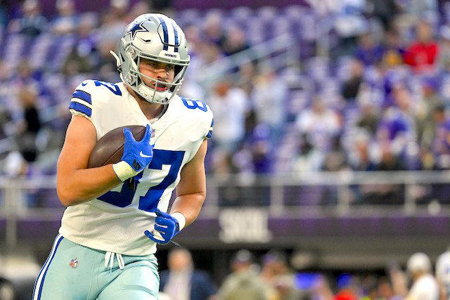 Dallas Cowboys: Jake Ferguson 32. Tommy Tremble - Carolina Panthers, 31. Theo Johnson - New York Giants, 30. Brenton Strange - Jacksonville Jaguars, 29. Will Dissly - Los Angeles Chargers, 28. Chig Okonkwo - Tennessee Titans, 27. Mason Taylor - New York Jets, 26. Noah Fant - Seattle Seahawks, 25. Juwan Johnson - New Orleans Saints, 24. Hunter Henry - New England Patriots, 23. Dalton Schultz - Houston Texans, 22. Colston Loveland - Chicago Bears, 21. Cade Otton - Tampa Bay Buccaneers, 20. Tyler Higbee - Los Angeles Rams, 19. Dalton Kincaid - Buffalo Bills, 18. Tucker Kraft - Green Bay Packers, 17. Tyler Warren - Indianapolis Colts, 16. Kyle Pitts - Atlanta Falcons, 15. Jake Ferguson - Dallas Cowboys, 14. Mike Gesicki - Cincinnati Bengals, 13. Zach Ertz - Washington Commanders, 12. Pat Freiermuth - Pittsburgh Steelers, 11. Mark Andrews - Baltimore Ravens, 10. Evan Engram - Denver Broncos, 9. Dallas Goedert - Philadelphia Eagles, 8. Jonnu Smith - Miami Dolphins, 7. David Njoku - Cleveland Browns, 6. T.J. Hockenson - Minnesota Vikings, 5. Travis Kelce - Kansas City Chiefs, 4. Sam LaPorta - Detroit Lions, 3. Trey McBride - Arizona Cardinals, 2. Brock Bowers - Las Vegas Raiders, 1. George Kittle - San Francisco 49ers