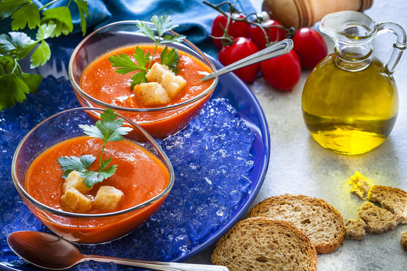 Andalucia - Gazpacho The variety of Spanish cuisine, Andalucia - Gazpacho, Aragon - Ternasco, Asturias - Fabada, Balearic Islands - Sobrassada, Basque Country - Changurro, Canary Islands - Ropa Vieja, Catalonia - Calçots, Madrid - Cocido, Galicia - Pulpo Gallego, Navarra - Menestra de Verduras, Valencia - Paella