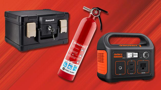 Working smoke alarms in every room, A fireproof safe for your valuables, Waterproof flashlights and batteries, Firefighter rescue alert stickers, Fire escape ladders, A portable power station, A hand-crank radio that can charge your phone, too, First-aid kit, Have two home fire extinguishers, Waterproof and moisture-proof pill organizer, A bag of toiletries, Carbon monoxide alarm, Supplies for your pet, A 2-pack of 9-volt batteries, Related...