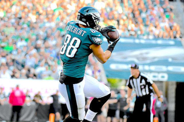 Dallas Goedert Not Practicing On Thursday Due To Illness 32. Tommy Tremble - Carolina Panthers, 31. Theo Johnson - New York Giants, 30. Brenton Strange - Jacksonville Jaguars, 29. Will Dissly - Los Angeles Chargers, 28. Chig Okonkwo - Tennessee Titans, 27. Mason Taylor - New York Jets, 26. Noah Fant - Seattle Seahawks, 25. Juwan Johnson - New Orleans Saints, 24. Hunter Henry - New England Patriots, 23. Dalton Schultz - Houston Texans, 22. Colston Loveland - Chicago Bears, 21. Cade Otton - Tampa Bay Buccaneers, 20. Tyler Higbee - Los Angeles Rams, 19. Dalton Kincaid - Buffalo Bills, 18. Tucker Kraft - Green Bay Packers, 17. Tyler Warren - Indianapolis Colts, 16. Kyle Pitts - Atlanta Falcons, 15. Jake Ferguson - Dallas Cowboys, 14. Mike Gesicki - Cincinnati Bengals, 13. Zach Ertz - Washington Commanders, 12. Pat Freiermuth - Pittsburgh Steelers, 11. Mark Andrews - Baltimore Ravens, 10. Evan Engram - Denver Broncos, 9. Dallas Goedert - Philadelphia Eagles, 8. Jonnu Smith - Miami Dolphins, 7. David Njoku - Cleveland Browns, 6. T.J. Hockenson - Minnesota Vikings, 5. Travis Kelce - Kansas City Chiefs, 4. Sam LaPorta - Detroit Lions, 3. Trey McBride - Arizona Cardinals, 2. Brock Bowers - Las Vegas Raiders, 1. George Kittle - San Francisco 49ers