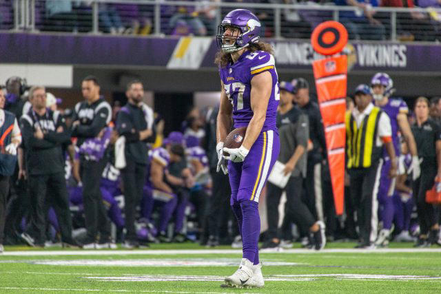 Minnesota Vikings: T.J. Hockenson 32. Tommy Tremble - Carolina Panthers, 31. Theo Johnson - New York Giants, 30. Brenton Strange - Jacksonville Jaguars, 29. Will Dissly - Los Angeles Chargers, 28. Chig Okonkwo - Tennessee Titans, 27. Mason Taylor - New York Jets, 26. Noah Fant - Seattle Seahawks, 25. Juwan Johnson - New Orleans Saints, 24. Hunter Henry - New England Patriots, 23. Dalton Schultz - Houston Texans, 22. Colston Loveland - Chicago Bears, 21. Cade Otton - Tampa Bay Buccaneers, 20. Tyler Higbee - Los Angeles Rams, 19. Dalton Kincaid - Buffalo Bills, 18. Tucker Kraft - Green Bay Packers, 17. Tyler Warren - Indianapolis Colts, 16. Kyle Pitts - Atlanta Falcons, 15. Jake Ferguson - Dallas Cowboys, 14. Mike Gesicki - Cincinnati Bengals, 13. Zach Ertz - Washington Commanders, 12. Pat Freiermuth - Pittsburgh Steelers, 11. Mark Andrews - Baltimore Ravens, 10. Evan Engram - Denver Broncos, 9. Dallas Goedert - Philadelphia Eagles, 8. Jonnu Smith - Miami Dolphins, 7. David Njoku - Cleveland Browns, 6. T.J. Hockenson - Minnesota Vikings, 5. Travis Kelce - Kansas City Chiefs, 4. Sam LaPorta - Detroit Lions, 3. Trey McBride - Arizona Cardinals, 2. Brock Bowers - Las Vegas Raiders, 1. George Kittle - San Francisco 49ers