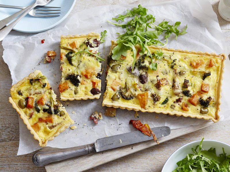 Savoury eggplant and haloumi quiche , Salmon and spinach quiche , Green power mini frittatas with spinach and feta , Mega vegie and haloumi frittata , Pumpkin, feta and basil quiche , Roast vegetable quiche , Spring quiche , Asparagus & fetta frittata , Chorizo & potato frittata , Coronation quiche , Smoked salmon and asparagus quiche , Asparagus frittata , Spanish frittata , Quick three-cheese frittata , Silverbeet quiche , Bacon and mushroom quiche , Kale and quinoa frittata , Tuna and spinach quiche , Bacon, pea and corn frittata , Baked potato, ham and cheese frittata , Smoked chicken & asparagus quiches , Filo salmon quiche , Leftover roast vegetable quiche , Potato, capsicum and spinach frittata , Bacon, chive and potato quiche , Chorizo, spinach and fetta quiche , Smoked ocean trout ricotta quiche , Tomato and fetta quiche , Mini tomato and cheese quiches , Mushroom quiche , Mushroom and spinach quiche , Impossible quiche , Chicken, mushroom and brie quiche , Basic ham and cheese quiche , Caramelised onion & goat’s cheese quiches , Mini ham and corn quiches , Baby rocket quiche , Spinach quiche , Roast pumpkin and zucchini frittata , Chorizo, potato and herb frittata , Zucchini and corn frittatas , Zucchini flower and tomato frittata , Bacon, leek and potato frittata , Wild mushroom and green onion frittata , Tomato, feta and pancetta frittata , Leek and speck quiche , Potato, capsicum and olive frittata , Asparagus, tomato, ricotta and basil frittata , Tuna and asparagus frittata , Primavera frittata , Quiche recipes for kids’ lunch boxes, How to tell if an egg is good to use, More egg recipes for dinner, You might like these omelette recipes
