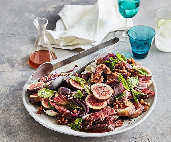          Fig, pomegranate and burrata with Sherry vinaigrette      ,          Ricotta fritters with honey and figs      ,          Sean Moran’s pork belly roasted with fennel, radicchio and figs      ,          Fig, fennel and grain salad with citrus dressing      ,          Lemon-scented labneh with fig and beetroot      ,          Fig leaf-baked brie with pickled figs and fennel seed fougasse      ,          Mike McEnearney’s fig salad with roast onions, walnuts and radicchio      ,          Chicken roasted with butter, figs and verjuice      ,          Fig, prosciutto, pear and witlof salad with pomegranate vinaigrette      ,          Figs with whipped ricotta, orange and mint      ,          Roast pumpkin and fig fatteh with za’atar and whipped feta      ,          Glazed figs with salted caramel ice-cream      ,          Spice-roasted duck with figs      ,          Haloumi, ricotta and peppered fig pide      ,          Orange-scented cheesecake with figs and Amaro syrup      