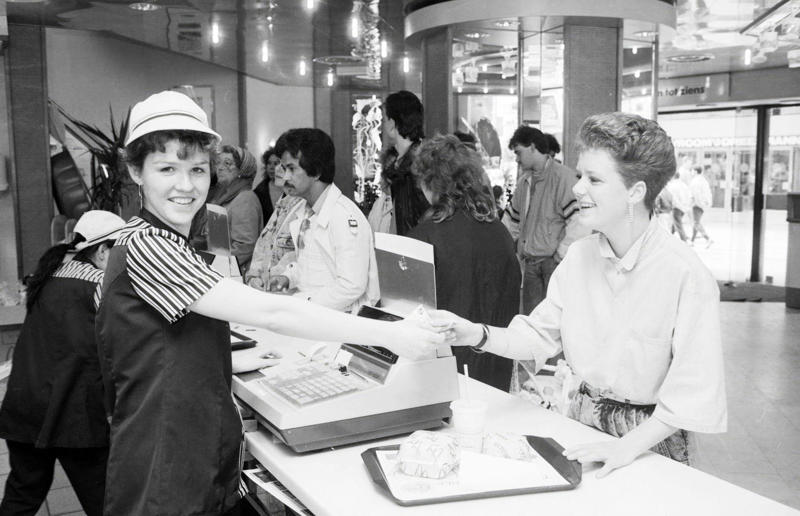 Service with a smile In pictures: McDonald's in the 1980s, Old-school signage, Differing styles, A move towards simpler signs, A slice of history, Golden exterior, The same, but different, Striking appearances, The rise of the drive-thru, A change in (exterior) pace, City branches, Outdoor space aplenty, Endless fun for kids, A place to hang out, Busy preparation areas, Recycling systems, Menu highlights, Item checklist, The Chicken McNuggets phenomenon, Coupon craze, McDonald’s in Tokyo, Japan, Menus in Tokyo, Japan, Global openings, Colourful uniforms, Service with a smile, Mascots were everywhere, A push for evening meals, Royal window displays, Esteemed guests, Presidential visits