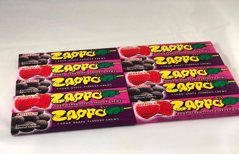 18. Zappo 31. Choo Choo Bar, 30. Fizzoes, 29. Push Pop, 28. Jubes, 27. Spearmint Leaves, 26. Warheads Extreme Sour, 25. JOLS, 24. Black Cats, 23. Wine Gums, 22. Minties, 21. Sherbies, 20. Cheekies, 19. Yowie, 18. Zappo, 17. Pascall Marshmallows, 16. Zombie Chews, 15. Big Red Frogs, 14. Fantales, 13. Sour Brite Crawlers, 12. Jaffas, 11. Wizz Fizz Sherbet Sachets, 10. Life Savers Fizz Stix, 9. Pineapples, 8. Red Ripperz, 7. Clinkers, 6. Sherbet bombs, 5. Freckles, 4. Strawberry Clouds, 3. Snakes Alive, 2. Musk Sticks