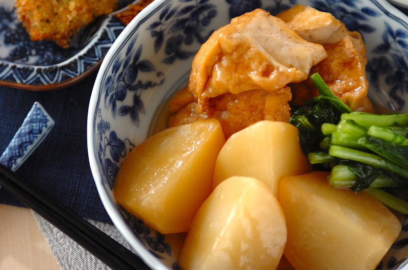 厚揚げと豚肉の甘辛チーズ煮, 厚揚げと里芋のみそからめ煮, 大根と厚揚げ みぞれ煮 10分で出来る人気レシピ, 厚揚げと小松菜の煮浸し, 厚揚げとカブの豚そぼろ煮
