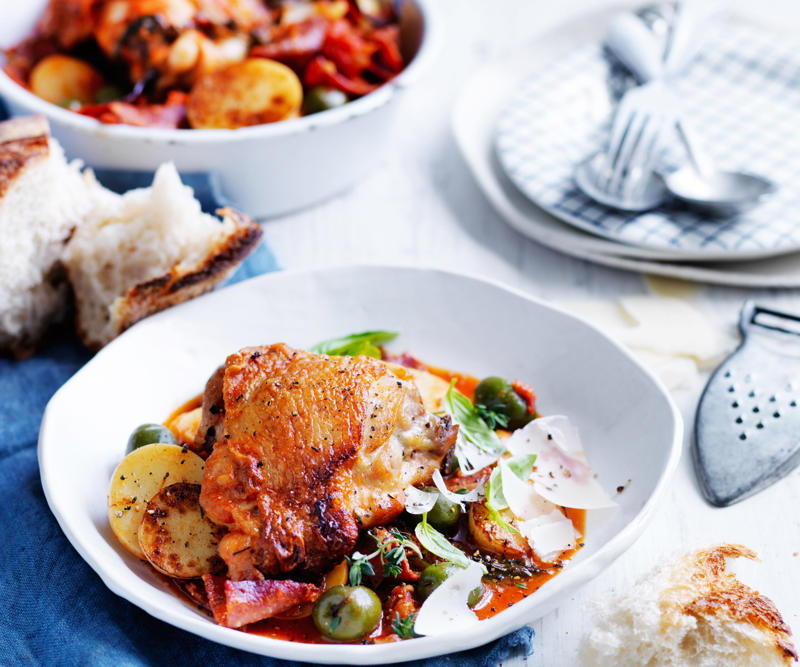 Roast chicken with herb stuffing , Prosciutto wrapped chicken with tomato salsa , Julie Goodwin’s Spanish chicken , Easy one-pan roast chicken breasts with vegies , Quick salami and olive chicken cacciatore , Chicken and broccoli bake with pangrattato topping , Baked chicken cacciatore , Chicken and sage tray bake , Creamy cauliflower and chicken bake , Chicken and sweet corn bake , Chicken, broccoli and cauliflower bake , Baked brown sugar chicken with red capsicum dip , Mexican chicken tortilla bake