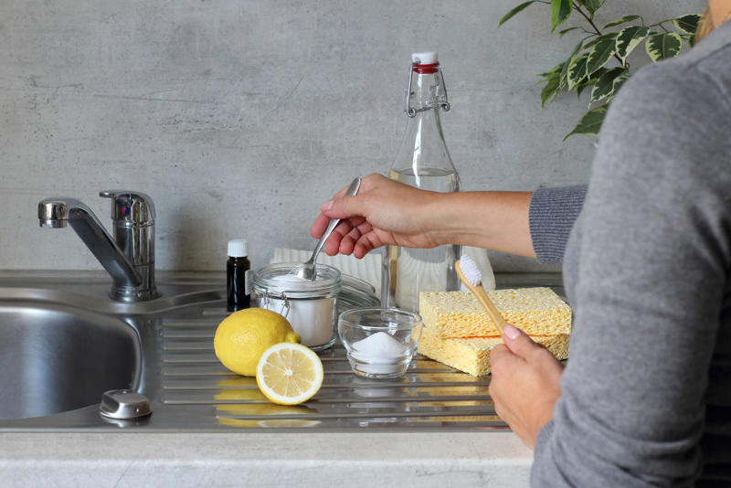 3) Deodorize a Garbage Disposal 1) Clean a Cutting Board, 2) Refresh Your Oven Door, 3) Deodorize a Garbage Disposal, 4) Polish Glassware, 5) Make an Air Freshener, 7) Shine Metal, 10) Wipe Down Your Stovetop, 11) Fix Stained Containers, 13) Clean a Cheese Grater, 14) Tackle Build-up on Pots and Pans