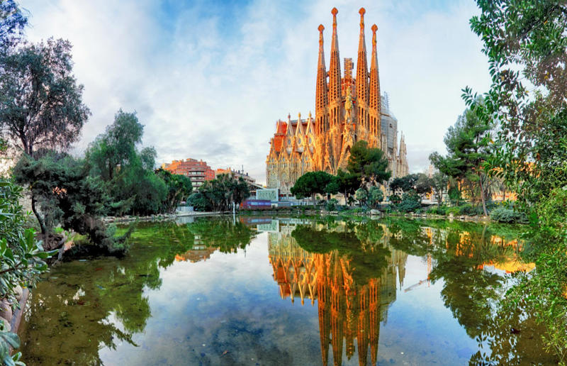18. Sagrada Familia, Barcelona, Spain, 17. Notre-Dame Basilica, Montreal, Quebec, Canada, 16. The Flatiron, New York City, New York, USA, 15. St Pancras Renaissance Hotel, London, England, UK, 14. Burj Al Arab, Dubai, UAE, 13. The Guggenheim, Bilbao, Spain, 12. Pena Palace, Sintra, Portugal, 11. Neuschwanstein Castle, Bavaria, Germany, 10. Wat Rong Khun, Chiang Rai, Thailand, 9. Hallgrimskirkja, Reykjavík, Iceland, 8. Sydney Opera House, Sydney, New South Wales, Australia, 7. Osaka Castle, Osaka, Japan, 6. Palace of Versailles, Versailles, France, 5. Cologne Cathedral, Cologne, Germany, 4. The Tiger's Nest, Bhutan, 3. Duomo di Milano, Milan, Italy, 2. Taj Mahal, Agra, India, 1. Mont-Saint-Michel, Normandy, France