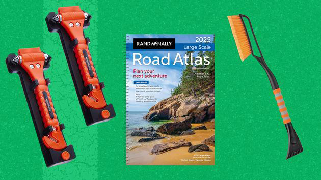 This car-repair tool kit, These jumper cables , This snow brush and ice scraper , This U.S. road atlas, This cell phone car mount , These LED road flares, This window-breaker/seatbelt cutter, This first aid kit, This super powerful flashlight , This tire gauge that works for cars, trucks and bikes , This car power inverter , This warm blanket to trap body heat , This small, foldable shovel, These car chargers that will charge your phone in 35 minutes , This battery-powered radio , Related...