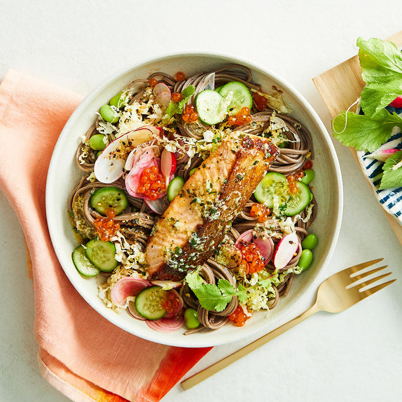 The best salmon recipes in 2025, Grilled salmon tataki with lime and jalapeño ponzu , Salmon with ginger butter, soba noodles and radish , Salmon keftedes with winter rémoulade and grilled pita , Baked salmon with black bean sauce , Crisp-skinned salmon with pea purée and soft-herb salad , Crisp salmon with mint and pickled watermelon rind salad , How to make salmon gravlax , Miso-cured salmon bowls with green-tea noodles , Citrus-cured salmon with lemon labne and cauliflower salad , What is the best way to cook salmon?