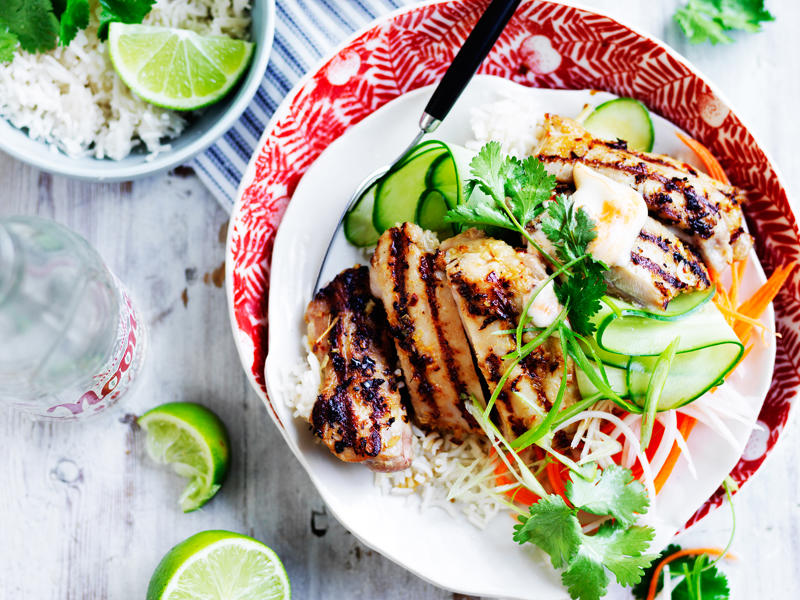 Air fryer chicken skewers with roast vegetables , Julie Goodwin’s chicken stroganoff , Julie Goodwin’s chicken & leek pie with potato bake topping , Yoghurt marinated chicken with plum & chickpea salad , Julie Goodwin’s Spanish chicken , One pot chicken and rice , Julie Goodwin’s char siu chicken with egg fried rice , BBQ chicken thighs , Soy and sriracha air fryer chicken thighs , Yellow curry chicken cottage pie , Chicken stir fry with zucchini noodles , Pulled chicken fajitas with cheesy toppings , Chicken fricassee with mushroom and leek , Chicken, zucchini and freekeh soup , Barbecued chermoula chicken with pea puree , Slow-cooker butter chicken , Karaage chicken with Sriracha mayonnaise , Hot and spicy chicken curry , Paprika chicken , Chicken, pumpkin and apricot tagine , Vietnamese lemongrass chicken bowl , Sweet and sour chicken , Chicken and sage tray bake , Portuguese-style chicken thighs , Curried chicken pie , Chicken thigh fillets with salsa verde , Creamy lemon thyme chicken , Chicken, lentil and pumpkin curry , Quick chicken satay , Chicken, chorizo and okra gumbo , Chicken and spinach noodles , Watch Julie Goodwin make her one pan Spanish chicken thighs with potatoes