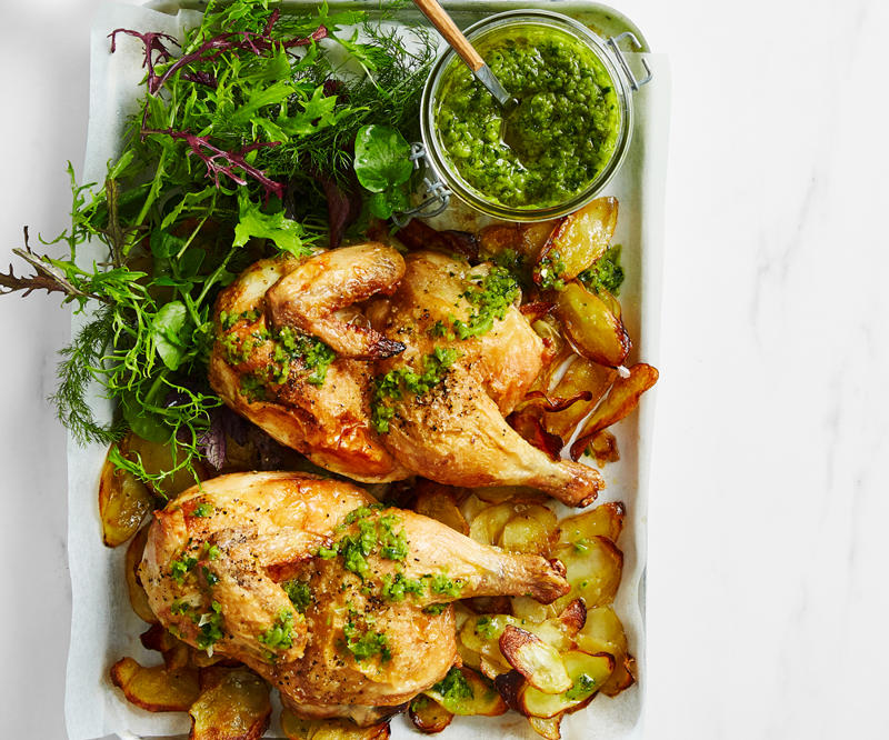          Sean Moran’s famous roast chicken with bread sauce      ,          Yoghurt roast chicken      ,          Roast chicken with preserved lemon and herbs      ,          Roasted harissa apricot chicken with almond and herb couscous      ,          Epocha’s roast chicken, braised Savoy cabbage, prune and butter sauce      ,          Za’atar roast chicken with pilaf, pomegranate and nuts      ,          Pan-roasted chicken with artichokes and salad onion      ,          Roast chicken thighs with sourdough panzanella      ,          Roast chicken with anchovy butter and greens      ,          Roast chicken with tarragon butter and Dutch carrots      ,          Matt Moran’s chicken roasted in spiced hay with lemon stuffing      ,          Nonna’s rice-stuffed chicken by Matteo Tine      ,          Paprika roast chicken with chorizo and white beans      