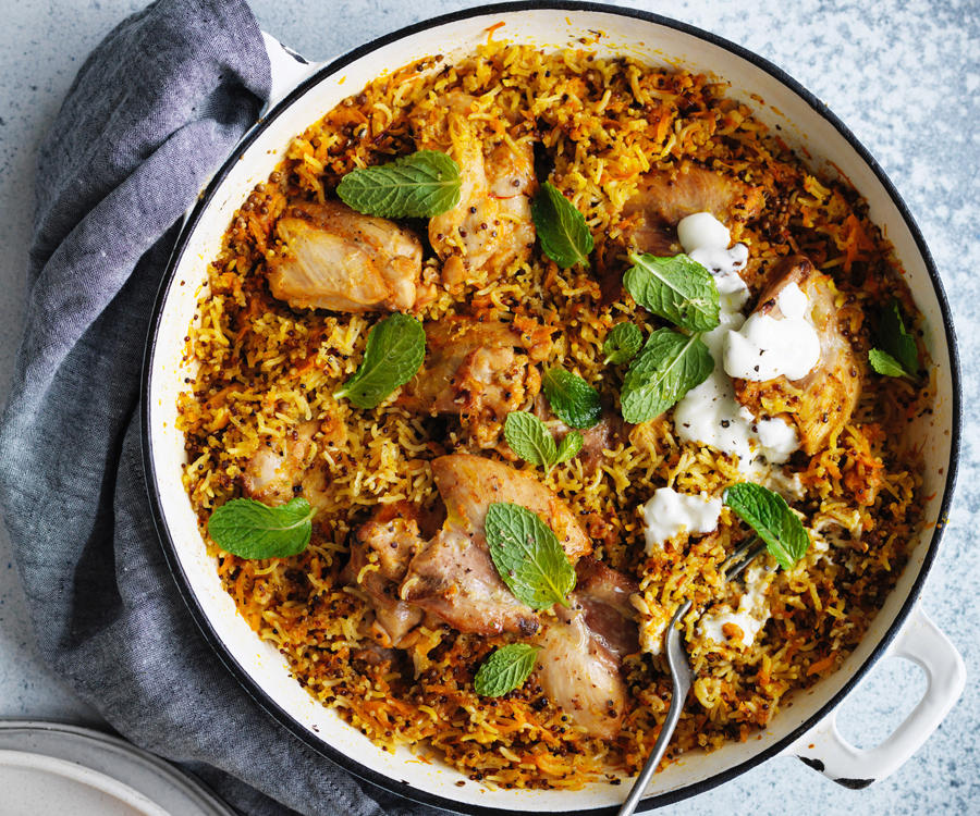 Gourmet Traveller’s best chicken tray bakes,          Cider-braised chicken with Brussels sprouts, apple and hazelnuts      ,          Baked chicken and rice with chilli and ginger dressing      ,          Chicken, carrot and orange tray bake with chive butter      ,          Pan-roasted chicken with artichokes and salad onion      ,          Leek, chorizo, cauliflower and chicken bake      ,          Harissa chicken with carrot, rice and quinoa pilaf      ,          Hawayej-spiced chicken thigh cutlets      ,          Roast chicken thighs with sourdough panzanella      ,          Roast chilli chicken with cauliflower and kale      ,          Chicken braised with cavolo nero and wine      ,          Tomato and pancetta roast chicken with green olives      