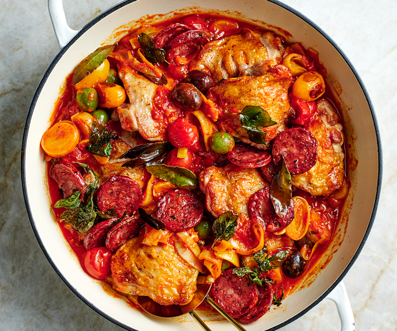 Gourmet Traveller’s best chicken tray bakes,          Cider-braised chicken with Brussels sprouts, apple and hazelnuts      ,          Baked chicken and rice with chilli and ginger dressing      ,          Chicken, carrot and orange tray bake with chive butter      ,          Pan-roasted chicken with artichokes and salad onion      ,          Leek, chorizo, cauliflower and chicken bake      ,          Harissa chicken with carrot, rice and quinoa pilaf      ,          Hawayej-spiced chicken thigh cutlets      ,          Roast chicken thighs with sourdough panzanella      ,          Roast chilli chicken with cauliflower and kale      ,          Chicken braised with cavolo nero and wine      ,          Tomato and pancetta roast chicken with green olives      