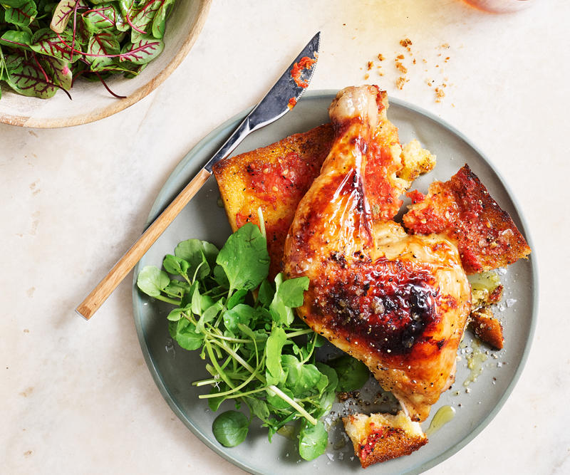          Sean Moran’s famous roast chicken with bread sauce      ,          Yoghurt roast chicken      ,          Roast chicken with preserved lemon and herbs      ,          Roasted harissa apricot chicken with almond and herb couscous      ,          Epocha’s roast chicken, braised Savoy cabbage, prune and butter sauce      ,          Za’atar roast chicken with pilaf, pomegranate and nuts      ,          Pan-roasted chicken with artichokes and salad onion      ,          Roast chicken thighs with sourdough panzanella      ,          Roast chicken with anchovy butter and greens      ,          Roast chicken with tarragon butter and Dutch carrots      ,          Matt Moran’s chicken roasted in spiced hay with lemon stuffing      ,          Nonna’s rice-stuffed chicken by Matteo Tine      ,          Paprika roast chicken with chorizo and white beans      