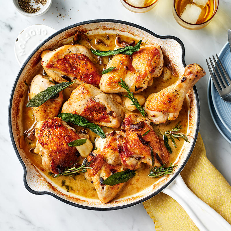 Gourmet Traveller’s best chicken tray bakes,          Cider-braised chicken with Brussels sprouts, apple and hazelnuts      ,          Baked chicken and rice with chilli and ginger dressing      ,          Chicken, carrot and orange tray bake with chive butter      ,          Pan-roasted chicken with artichokes and salad onion      ,          Leek, chorizo, cauliflower and chicken bake      ,          Harissa chicken with carrot, rice and quinoa pilaf      ,          Hawayej-spiced chicken thigh cutlets      ,          Roast chicken thighs with sourdough panzanella      ,          Roast chilli chicken with cauliflower and kale      ,          Chicken braised with cavolo nero and wine      ,          Tomato and pancetta roast chicken with green olives      