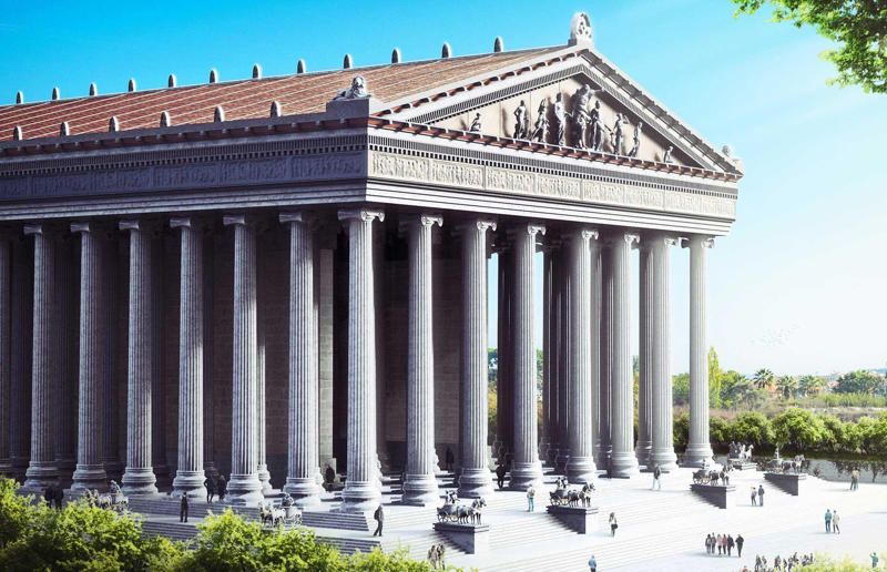 Ancient marvels brought back to life, The ruins: Temple of Artemis at Ephesus, Turkey, The reconstruction: Temple of Artemis at Ephesus, Turkey, The ruins: Lighthouse of Alexandria, Egypt, The reconstruction: Lighthouse of Alexandria, Egypt, The ruins: Hanging Gardens of Babylon, Iraq, The reconstruction: Hanging Gardens of Babylon, Iraq, The ruins: Great Pyramid of Giza, Egypt, The reconstruction: Great Pyramid of Giza, Egypt, The reconstruction: Mausoleum at Halicarnassus, Turkey, The ruins: Statue of Zeus at Olympia, Greece, The reconstruction: Statue of Zeus at Olympia, Greece, The ruins: Colossus of Rhodes, Greece